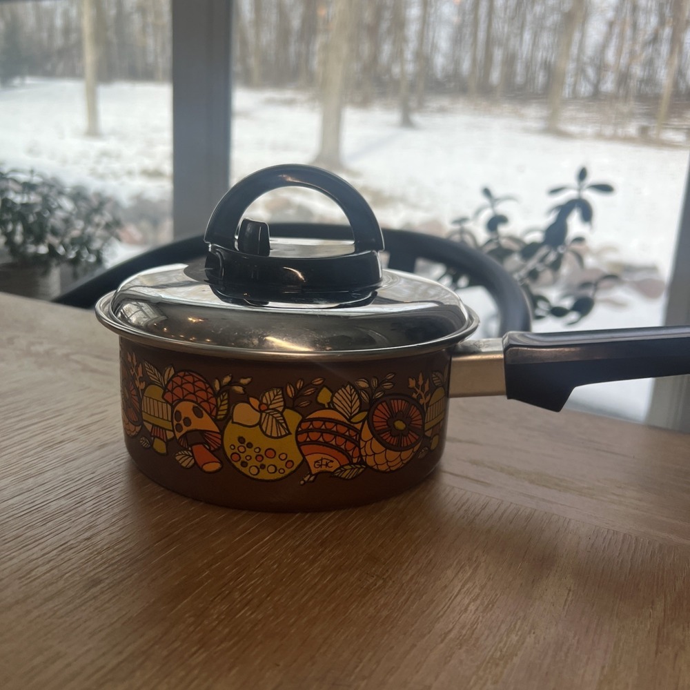 Vintage 70's Retro‎ MUSHROOM Brown Orange Yellow Enamelware Saucepan
